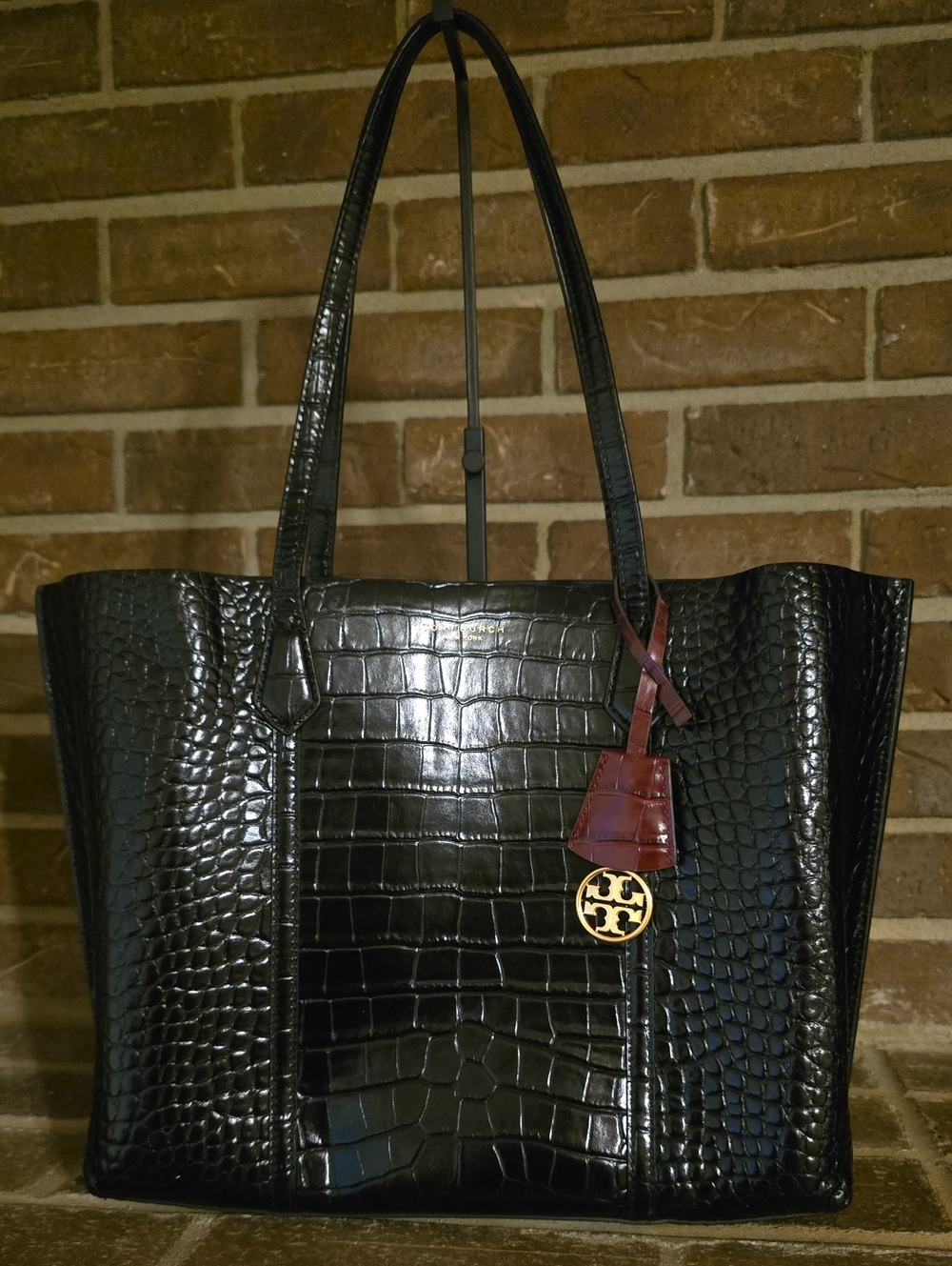 Tory Burch Perry Embossed Triple Compartment Tote Bag Black